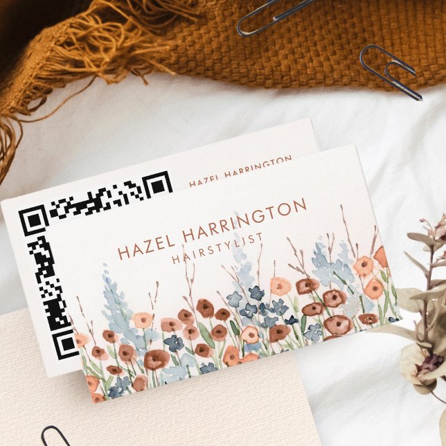 QR Code Scannable Watercolor Floral Boho Trendy Visitenkarte (Von Creator hochgeladen)