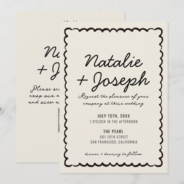 QR-Code Schwarz Creme Moderne Whimsical Hochzeit Einladung (Vorne/Hinten)