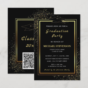 QR-Code Schwarz Gold Glitter Abschluss Einladungen
