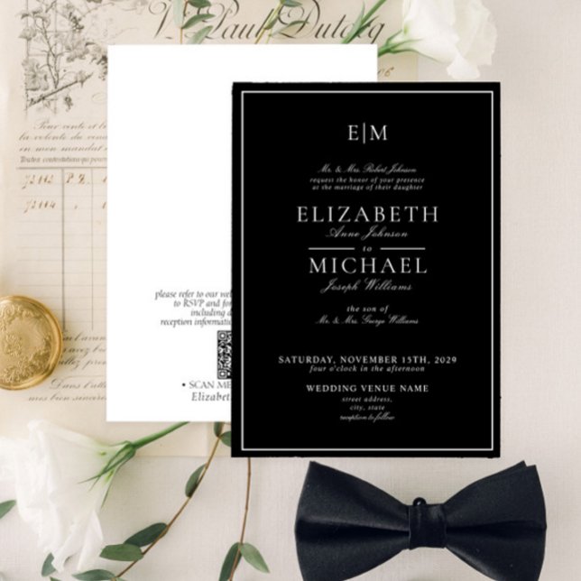 QR Code Schwarz-weiß Classic Monogram Wedding Einladung (Von Creator hochgeladen)