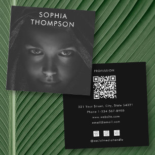 QR Code Schwarz-weiß Foto Social Media Icons Quadratische Visitenkarte