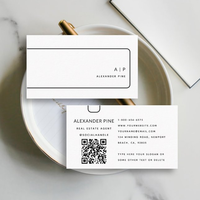 QR-Code Schwarz-weiß Monogramm Elegant Beruflich Visitenkarte (simple elegant professional corporate generic business card black white qr code website geometric)