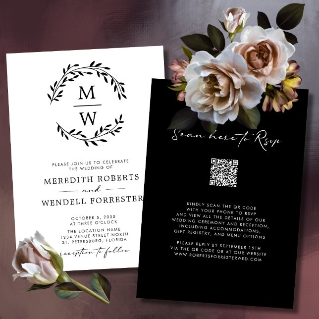 QR-Code Schwarz-Weiß-Monogramm-Wraath-Hochzeit Einladung (QR Code Black and White Monogram Wreath Wedding Invitation)