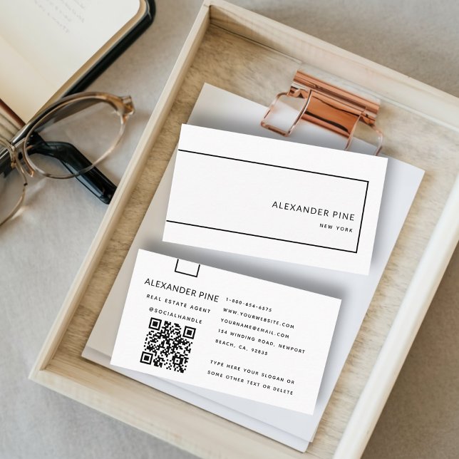 QR Code Schwarz-weiß Sleek Moderne Beruflich Visitenkarte (simple modern elegant professional corporate generic business card black white qr code website class)