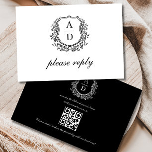QR Code Schwarz-weißes Wappen Monogramm Hochzeit RSVP Karte