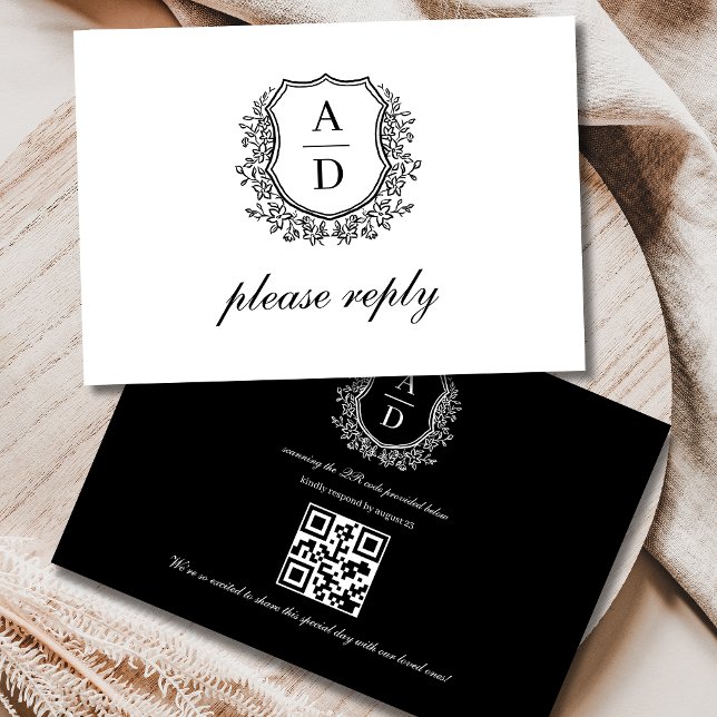 QR Code Schwarz-weißes Wappen Monogramm Hochzeit RSVP Karte (Von Creator hochgeladen)
