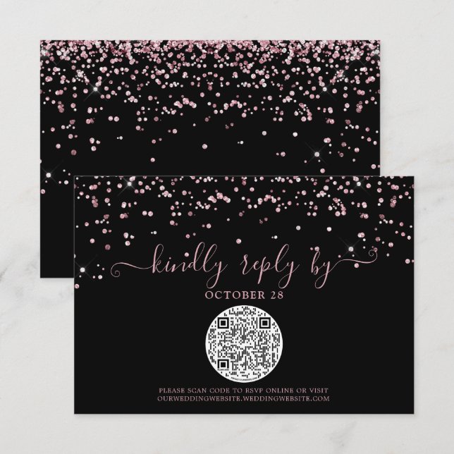 QR Code Schwarze Rose Gold Pink Glitzer Hochzeit R RSVP Karte (Vorne/Hinten)