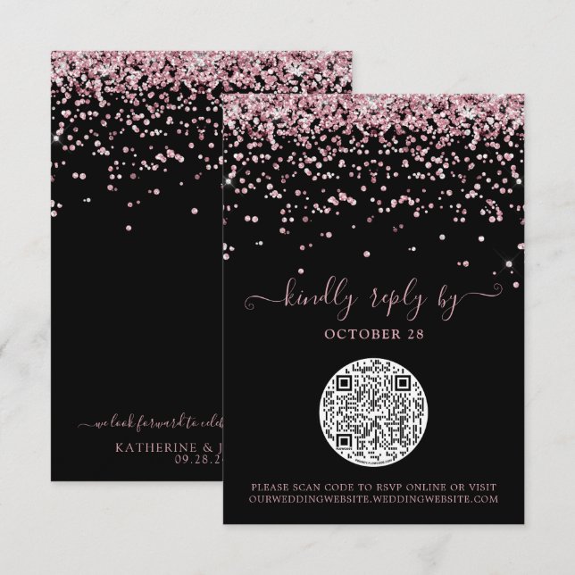 QR Code Schwarze Rose Gold Pink Glitzer Hochzeit R RSVP Karte (Vorne/Hinten)