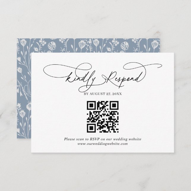 QR Code Script floral Dusty Blue Wedding Rsvp Begleitkarte (Vorne/Hinten)