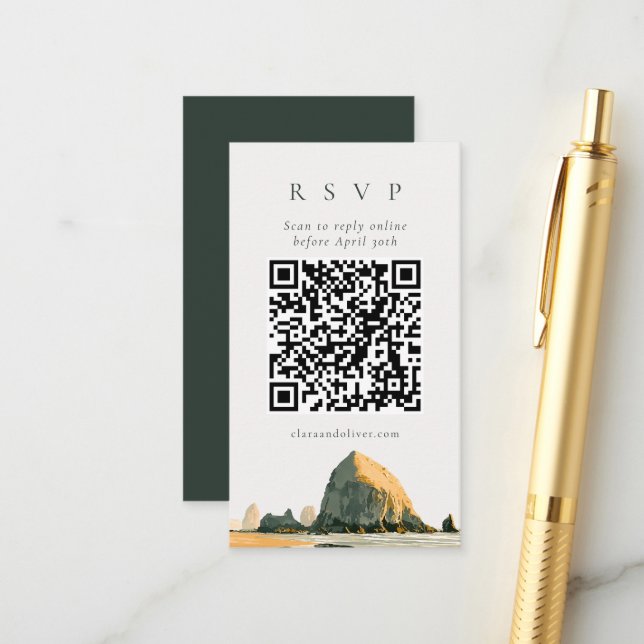 QR-Code Sea Stacks Oregon Küstenstrand Hochzeit  Begleitkarte (Vorderseite/Rückseite Beispiel)