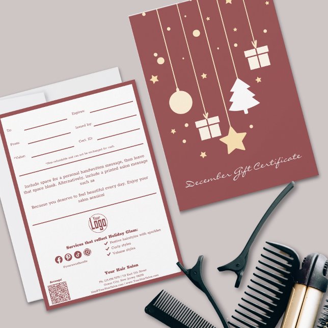 QR Code Services Hinweis Dezember Geschenkgutschei (QR Code Services Note December Gift Certificate, Smoky Topaz & White, Hairstylist Holiday Glam)