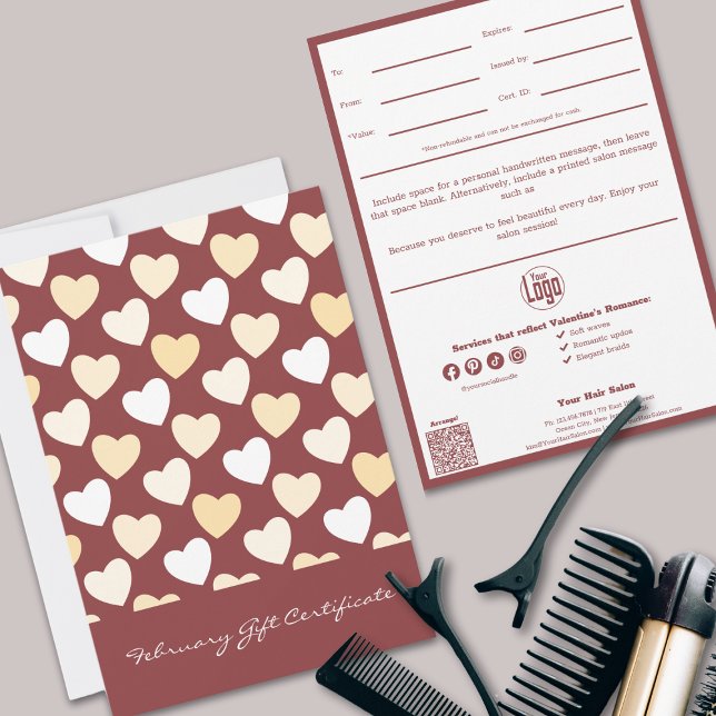 QR Code Services Hinweis Februar Geschenkgutschein (QR Code Services Note February Gift Certificate, Smoky Topaz & White, Heart Pattern)