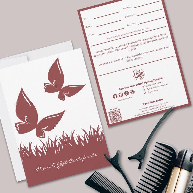 QR Code Services Hinweis März Geschenkgutschein (QR Code Services Note March Gift Certificate, Smoky Topaz White, Butterflies)