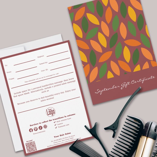 QR Code Services Hinweis September Geschenkgutsche (QR Code Services Note September Gift Certificate, Colorful Autumn Leaves)