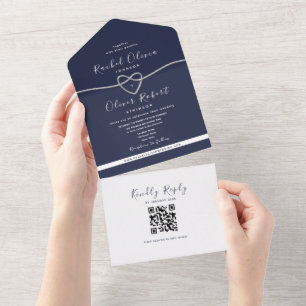 QR-Code Silber Marineblau Hochzeit All In One Einladung