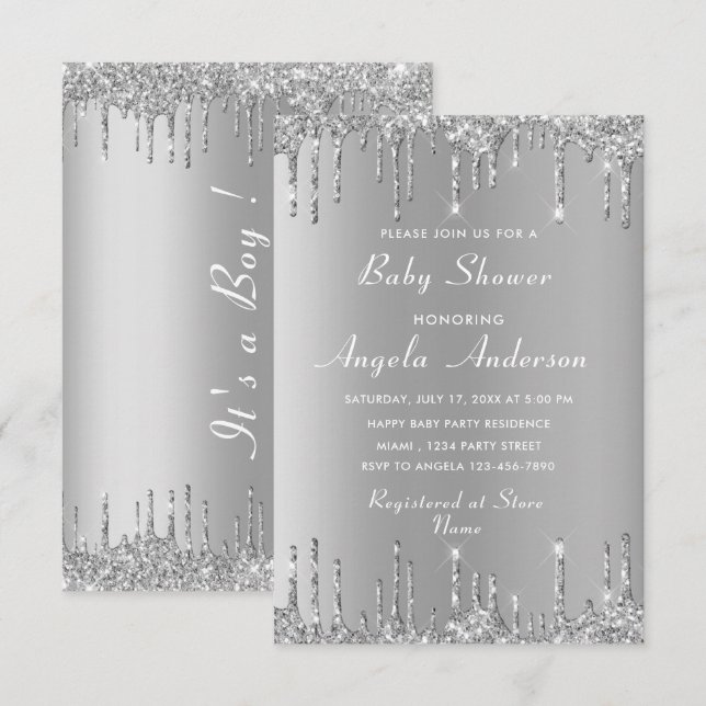 QR Code Silver Baby Boy Shower Einladung Beispiel (Vorne/Hinten)