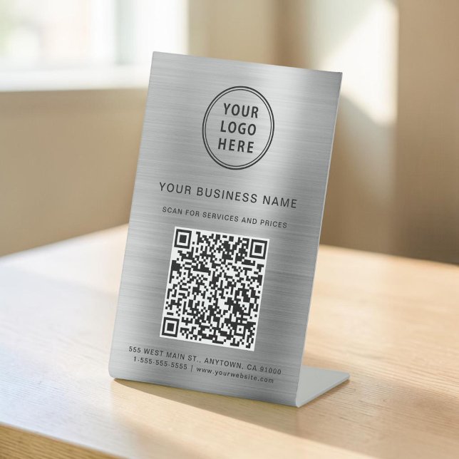 QR-Code-Silver für Firmenlogos Sockelschild (Business Logo QR Code Scan To Connect Silver Pedestal Sign)