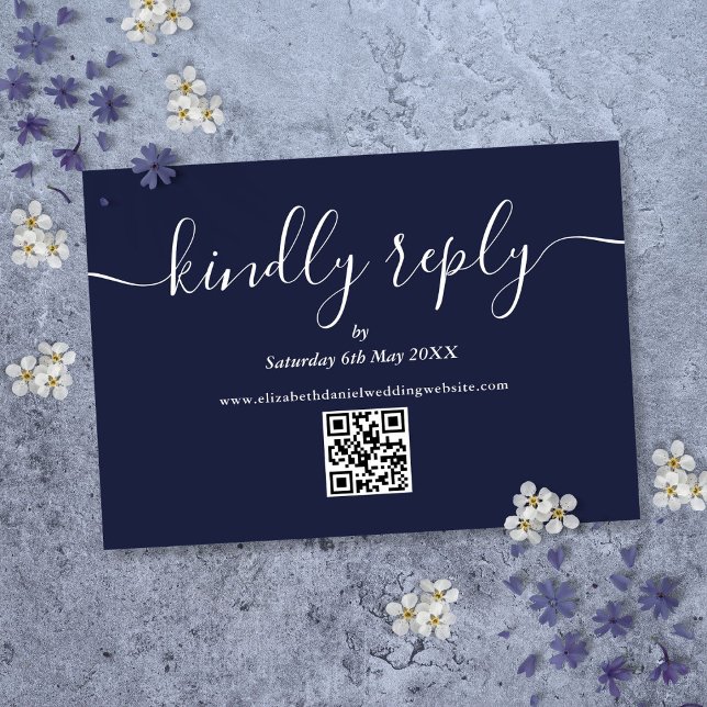 QR Code Skript Kindly Reply Navy Blue Wedding RSVP Karte (QR Code Script Kindly Reply Navy Blue Wedding RSVP Card)