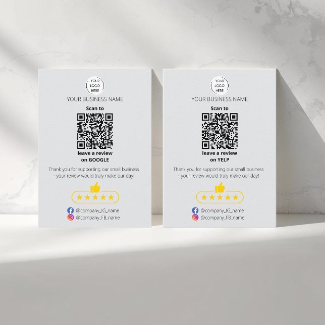 QR-Code Small Business Bewertung GOOGLE und YELP  Visitenkarte (Two sided QR-code "leave a review" business card. Five stars review. Custom logo, yelp and google)