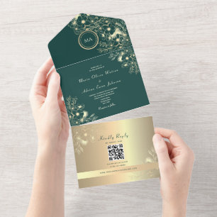 QR-Code Smaragd-Gold-Blumenhochzeit All In One Einladung