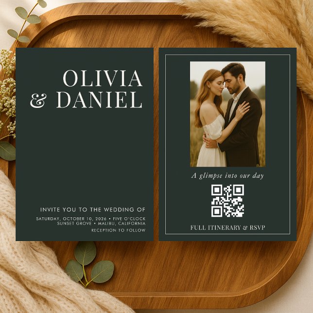 QR-Code Smaragdgrün Minimalistische Foto-Hochzeit Einladung (Von Creator hochgeladen)