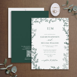 QR Code Smaragdgrüne, elegante Monogramm-Hochzeit Einladung