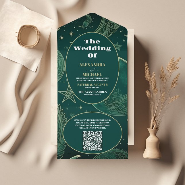 QR Code Smarald Green Gold Celestial Wedding All In One Einladung (Von Creator hochgeladen)