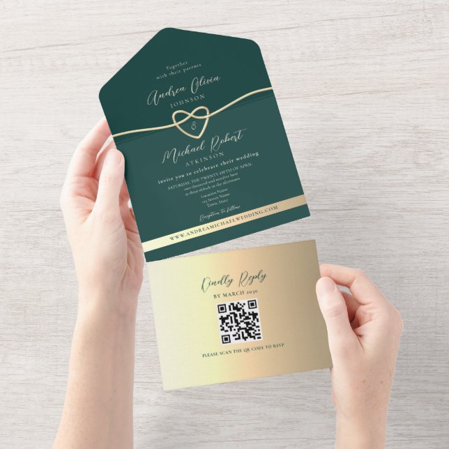 QR Code Smarald Green Gold Wedding All In One Einladung (Abreißen)