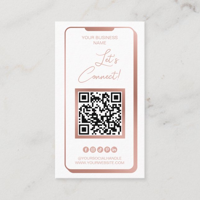 QR Code Social Media Feminine Moderne Rose Gold Bu Visitenkarte (Vorderseite)