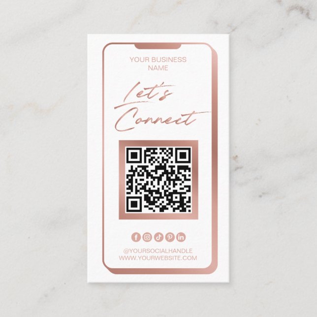 QR Code Social Media Feminine Moderne Rose Gold Bu Visitenkarte (Vorderseite)