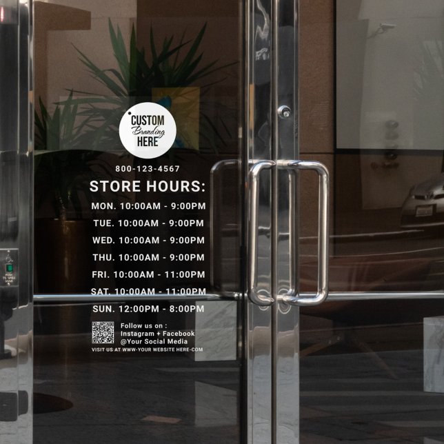 QR-Code Social Media für die Geschäftszeiten Fensteraufkleber (store opening hours window cling decal)
