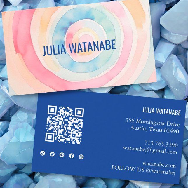 QR Code Social Media Modern Visitenkarte (Pretty custom business card with watercolor rings. QR code and social icons on the back side)