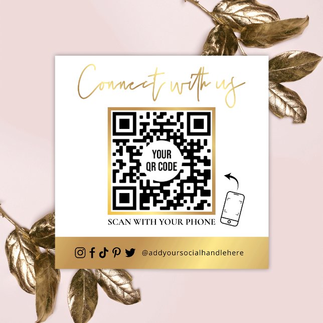 QR Code Social Media White & Gold Business Card Quadratische Visitenkarte (Von Creator hochgeladen)
