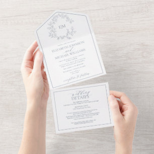 QR-Code Staubblaues Blattmuster-Monogramm Hochzeit All In One Einladung