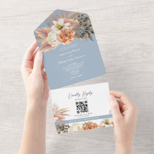 QR-Code Staubblaues Florales Hochzeit All In One Einladung