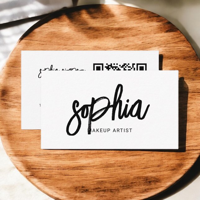 QR Code Stilvolle Skripte Girly Minimal White Visitenkarte (Von Creator hochgeladen)