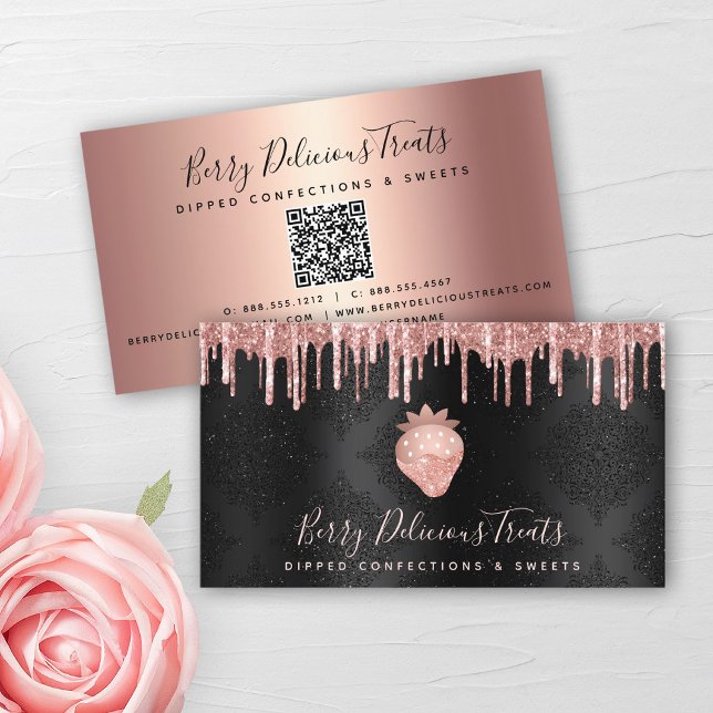 QR Code Strawberry Rose Gold Tropfen Confection Bl Visitenkarte (Von Creator hochgeladen)