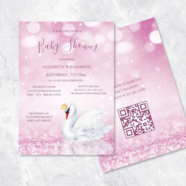 QR-Code | Swan Princess Pink | Girl Baby Dusche Einladung (Von Creator hochgeladen)