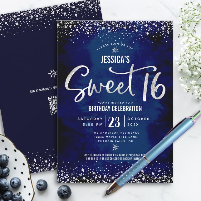 QR-Code Sweet 16 Silber Schrift Navy Wasserfarben Einladung (Von Creator hochgeladen)