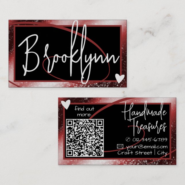 QR Code Template Stilvolle Red Burgundy Frame Hear Visitenkarte (Vorne/Hinten)