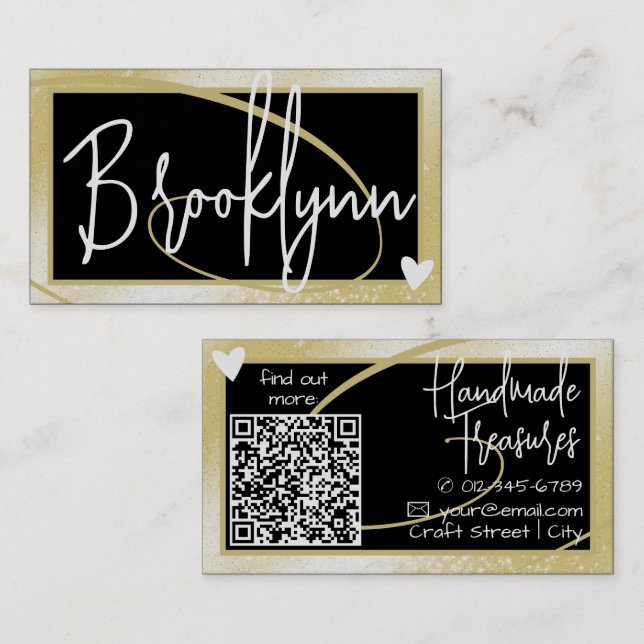 QR Code Template Stilvolles Gold Frame Herz Visitenkarte (Vorne/Hinten)