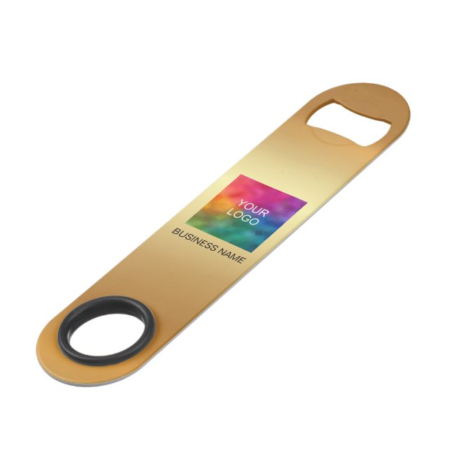 QR Code Template Upload Company Logo Elegant Gold Speed Flaschenöffner (Vorderseite Schrägansicht)