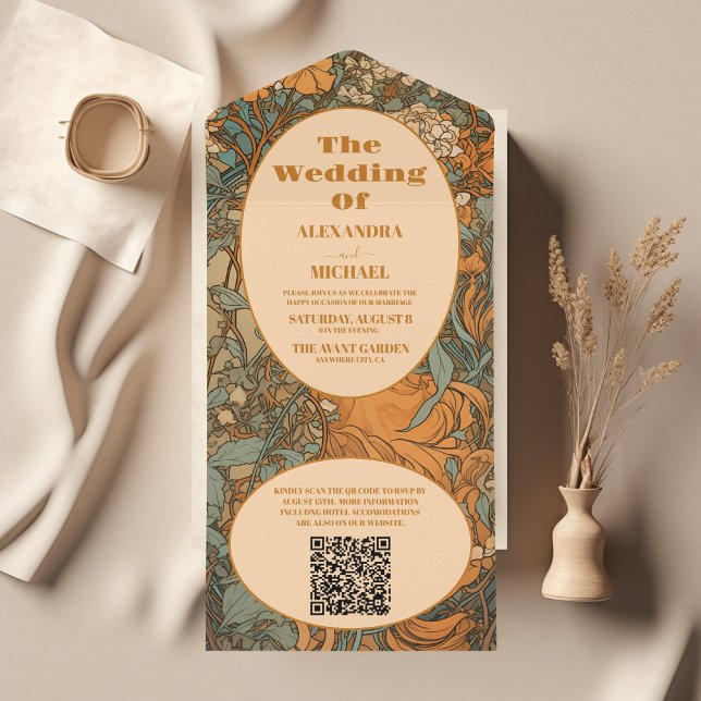 QR Code Terracotta Floral Art Nouveau Wedding All In One Einladung (Von Creator hochgeladen)
