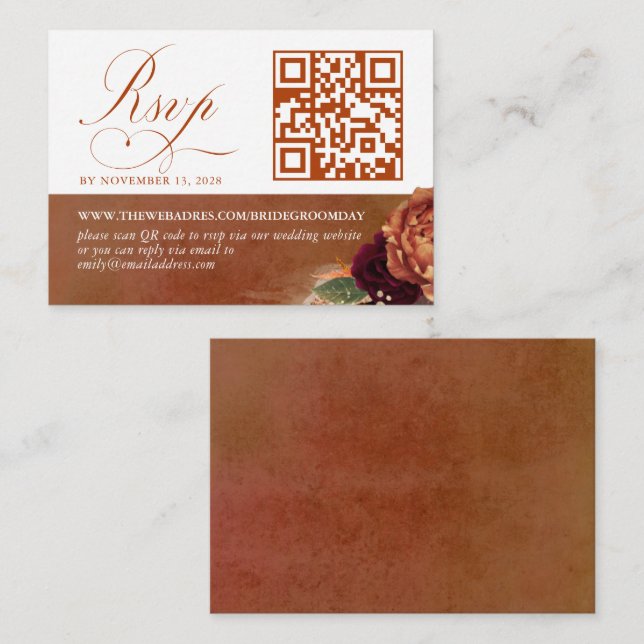 QR Code Terracotta Floral Wedding RSVP Begleitkarte (Vorne/Hinten)