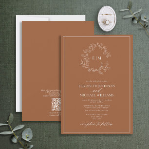 QR Code Terracotta Leafy Wappen Monogram Wedding Einladung