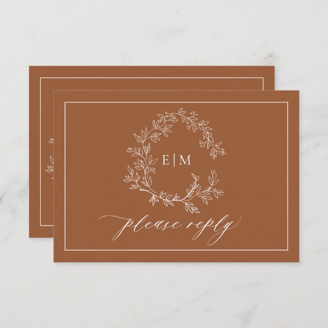 QR Code Terracotta Leafy Wappen Monogram Wedding RSVP Karte (Vorne/Hinten)