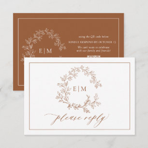 QR Code Terracotta Leafy Wappen Monogram Wedding RSVP Karte