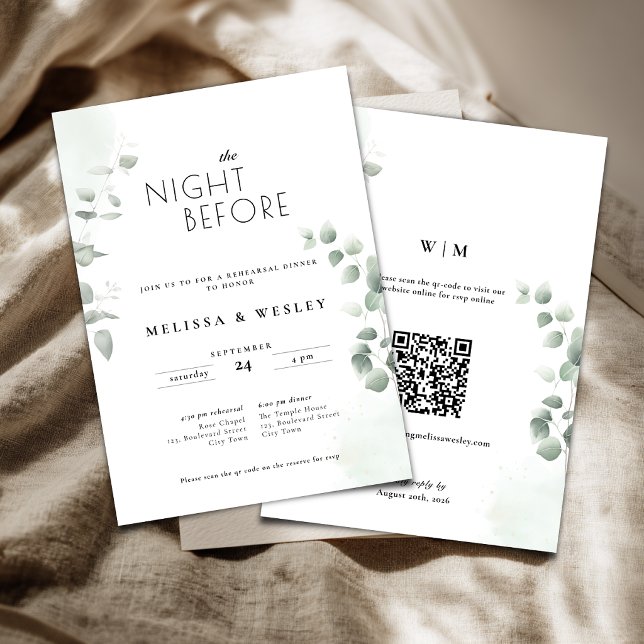 QR-Code-Trendy-Greenery-Probe-Hochzeit Einladung (Greenery eucalyptus rehearsal invitation with qr code.)