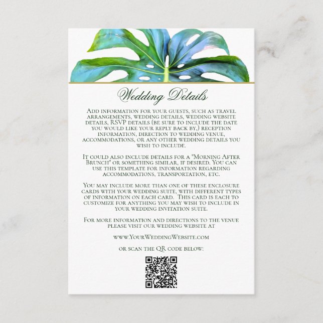 QR Code Tropical Leaf Beach Wedding Details Begleitkarte (Vorderseite)