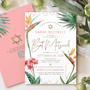 QR-Code Tropicale Bat Mitzvah Floral Gold Schriftz Einladung